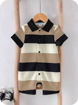 Newborn Baby Boy Cute Striped Knit Short Sleeve Romper, Suitable For Birthday Party, Evening Party, Performance, Wedding, One Month Celebration, Christening And 1st Birthday Baby Shower, Summer