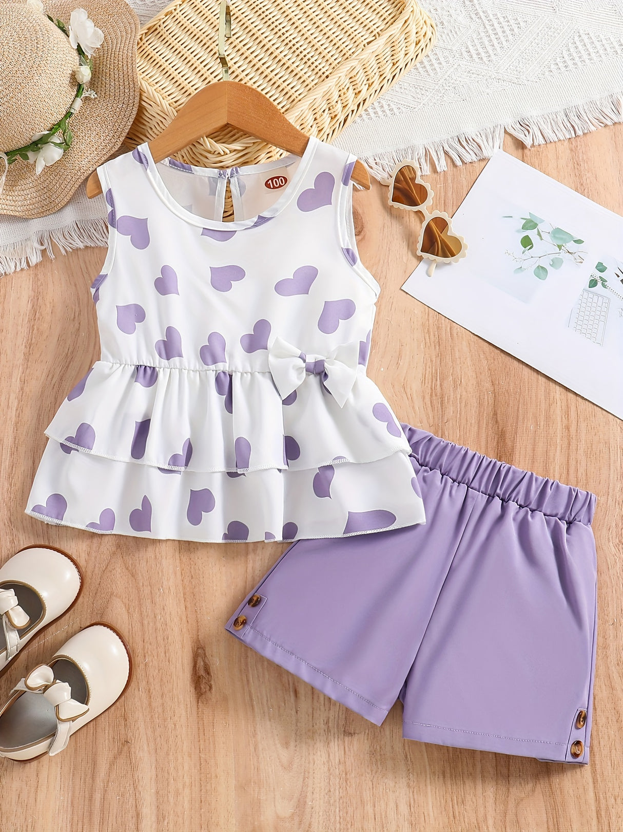 Girls Casual Trendy Cute Heart Graphic Sleeveless Peplum Top & Shorts Set For Summer Holiday Party Kids Clothes