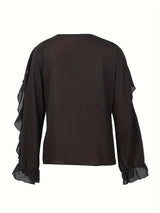 Flirty Ruffle Trim Blouse - Solid Color with Classy Button Front, Flowy Long Sleeves - Feminine Casual Top for Women