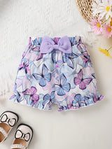 2pcs Set Of Elegant, Sweet And Cute Details For Little Girls, Butterfly Bow Ruffle Top And Butterfly Print Shorts Suitable For Summer Leisure Vacation Parties, for Outdoor