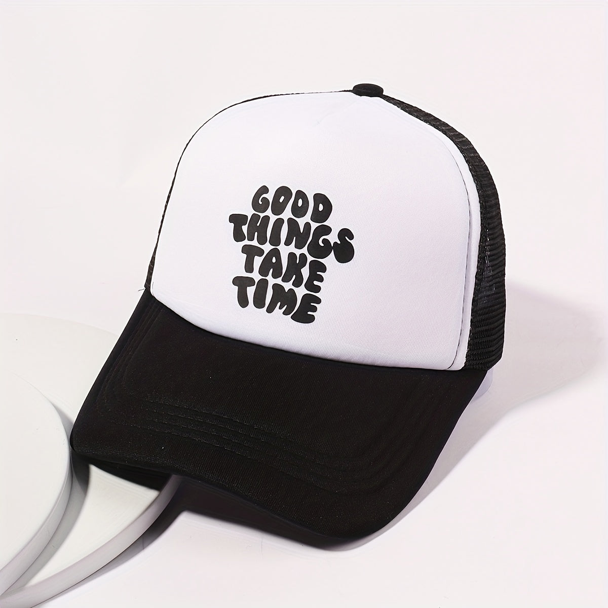 Printed Mesh Trucker Hat Good Things Take Time Color Block Baseball Cap Unisex Simple Breathable Dad Hats For Women Men