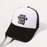Printed Mesh Trucker Hat Good Things Take Time Color Block Baseball Cap Unisex Simple Breathable Dad Hats For Women Men
