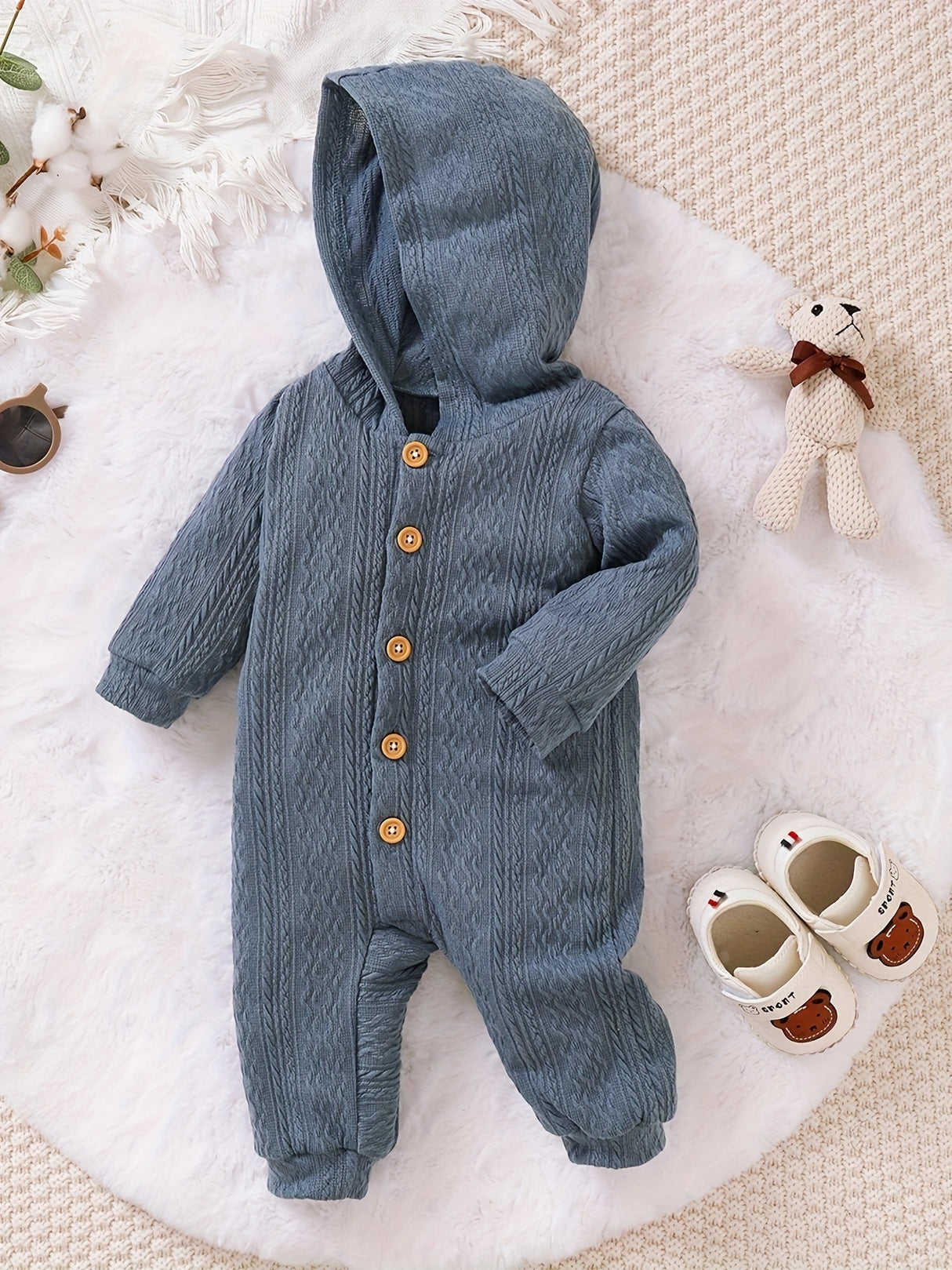 BROWNBARK Cozy Brown Hooded Baby Boy Bodysuit - Cute Pit Strip Knit, Long Sleeve with Easy-Button Closure, Polyester & Elastane Blend, Machine Washable - Perfect for Fall, Baby Boy Clothes, BROWNBARK, Perfect for Outdoor