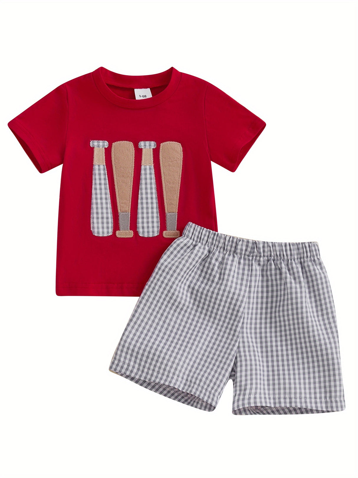 Toddler Boys' Baseball Embroidered Cotton Shorts Set - Comfy Short Sleeve Round Neck Top with Elastic Waistband Plaid Shorts, Machine Washable, All-Season Wear, Comfortable Playwear|Playful Kids' Clothes|Easycare Clothing, Pe