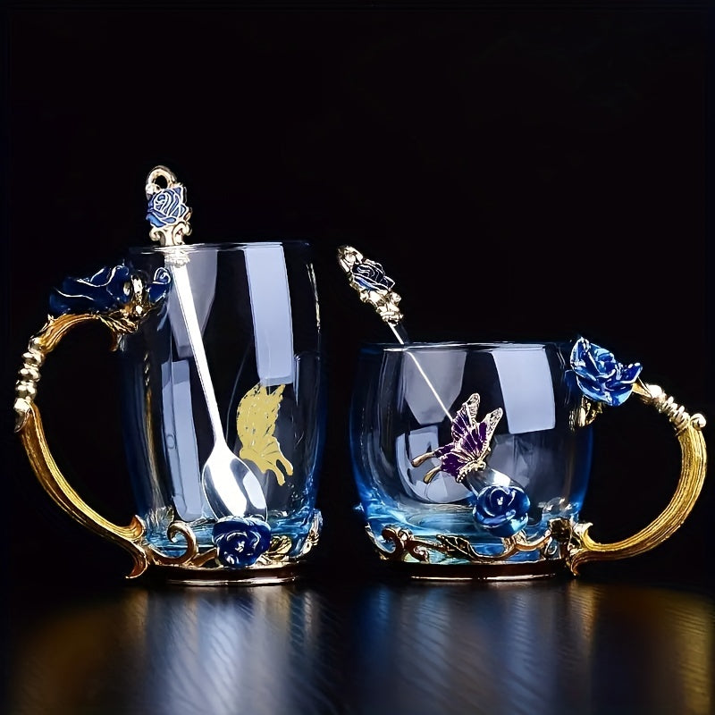 Set, Elegant Flower Pattern Tea Cup With Coaster And Spoon, 350ml/11.8oz Clear Glass Coffee Mug Set - Coffee Cups, Water Cups - For Summer & Winter - Suitable for Home & Office - Perfect Gift for Birthday