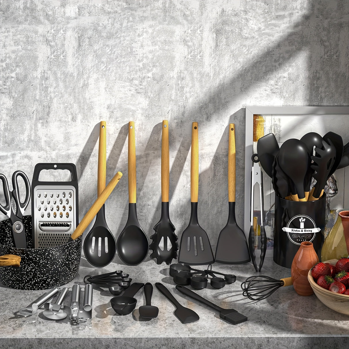44pcs Non-Stick Silicone Kitchen Utensil Set with Wooden Handles, Includes Stainless Steel Grater & Bottle Opener