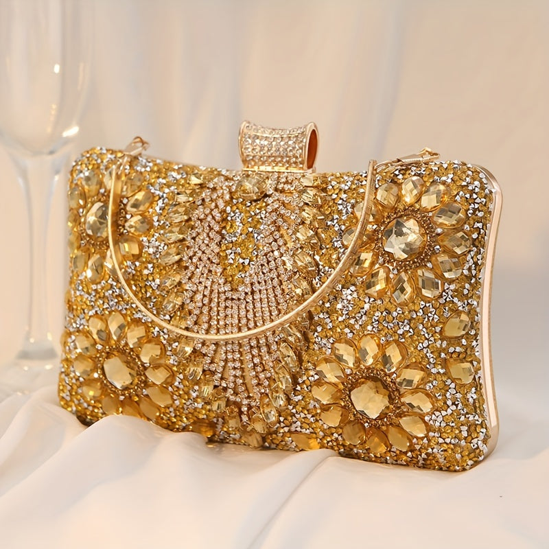 Vintage Glamour Ladies' Cocktail Clutch Bag - Sparkling Rhinestones, PU Leather, Optional Chain Shoulder Strap, Stylish Party Prom Handbag with Classic Design and Timeless Elegance