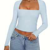Women's Slim Fit Crop Tops Long Sleeve Square Neck Solid Color T-Shirt Dressy Blouses