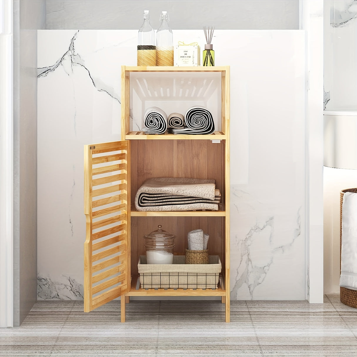 14.2 Inch SOGES Bamboo Bathroom Storage Cabinet - Floor Standing, Shutter Door, Multi-Shelf Organizer for Bathroom Essentials