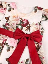 Girls Elegant Floral Pattern Dress Short Sleeves Dresses Kids Clothes For Winter Fall Christmas Gift Party