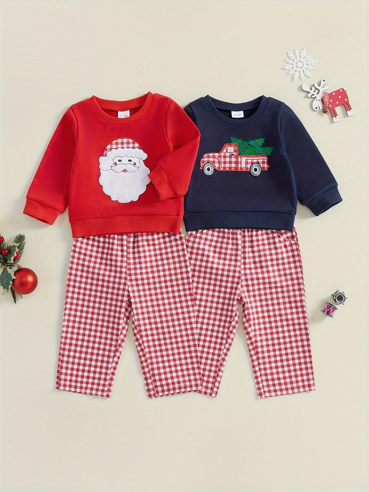 Toddler Boys Christmas Outfits Santa/Truck Embroidery Long Sleeve Sweatshirts and Plaid Long Pants 2Pcs Clothes Set