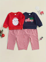Toddler Boys Christmas Outfits Santa/Truck Embroidery Long Sleeve Sweatshirts and Plaid Long Pants 2Pcs Clothes Set