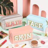 1/3pcs CHENILLE Preppy Makeup Bag for Women Travel Toiletry Bag Chenille Letter Cosmetic Bag PU Leather Waterproof Pouch Cute Zipper Organizer, Skin, Hair and Face