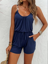 Women's Black Sleeveless Romper with Golden Chain Detail - Casual V-Neck Jumpsuit with Adjustable Drawstring Waist and Ring Accents, Perfect for Spring/Summer, Ladies Rompers And Jumpsuits