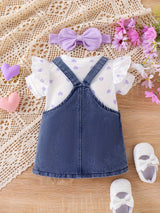 Baby Girl Outfit Summer Cute Strap Dress Set Headknot + Love Printed Climbing Clothes + Cowboy Bear Embroidered Strap Dress Three Piece Set With 0-18 Months, for Outdoor