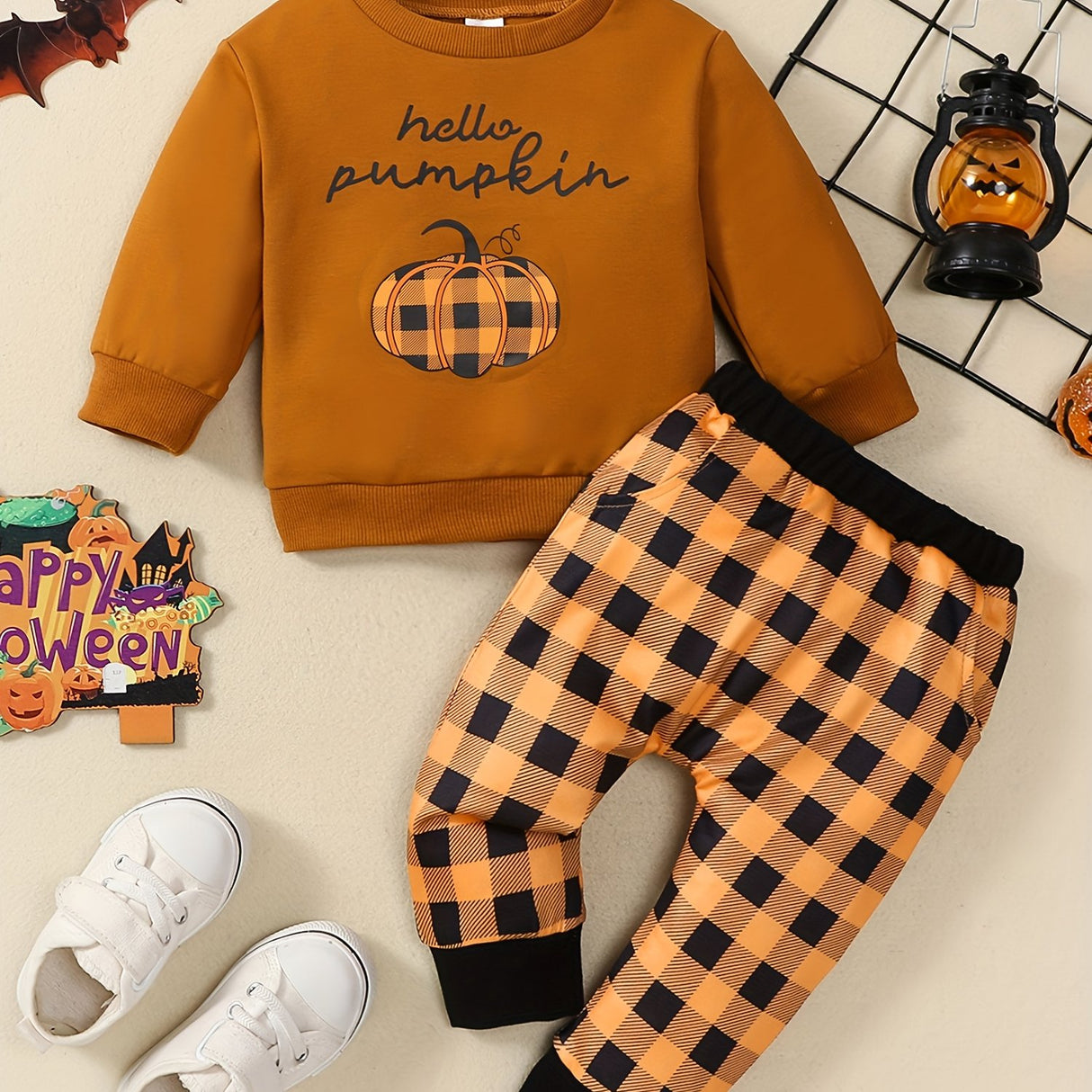 Toddler Boys Halloween Sets Long Sleeve Letter Pumpkin Print Tops Plaid Pants Sets