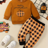 Toddler Boys Halloween Sets Long Sleeve Letter Pumpkin Print Tops Plaid Pants Sets