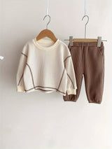 2pcs 2-Piece Waffle Textured Long Sleeve Baby Boy Set: Fall/Spring Casual Tops & Pants