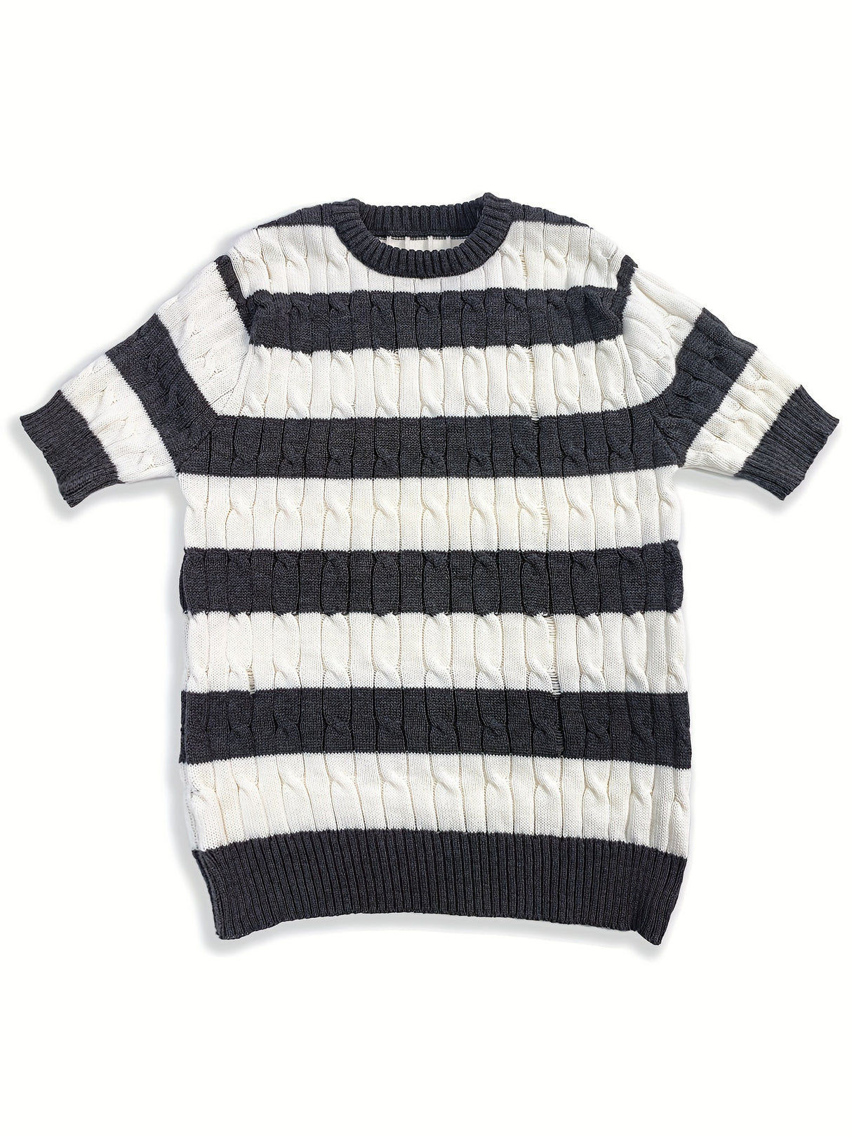 Summer Striped Knit Crew Neck Sweater for Men - Soft Rib-Knit Acrylic Fabric, Regular Fit, Slight Stretch, Dry Clean Only - Perfect Casual Short Sleeve Pullover for Warm Weather