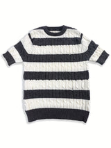 Summer Striped Knit Crew Neck Sweater for Men - Soft Rib-Knit Acrylic Fabric, Regular Fit, Slight Stretch, Dry Clean Only - Perfect Casual Short Sleeve Pullover for Warm Weather