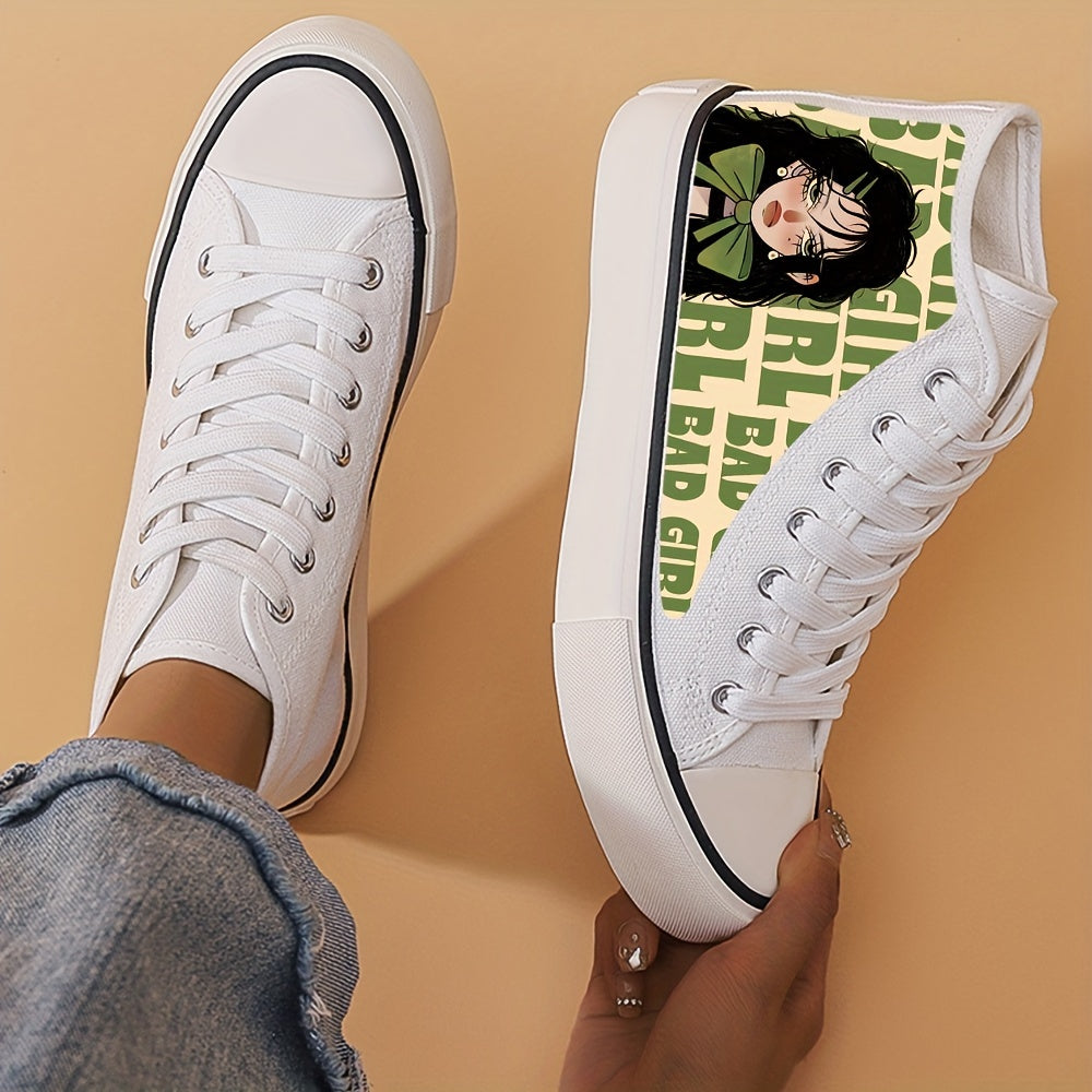 Anime Girl Pattern Lightweight High Top Breathable Canvas Sneakers, Round Toe Flat Classic Lace Up Wear Resistance Skate Shoes, Non Slip Casual Versatile Walking Shoes Running Shoes