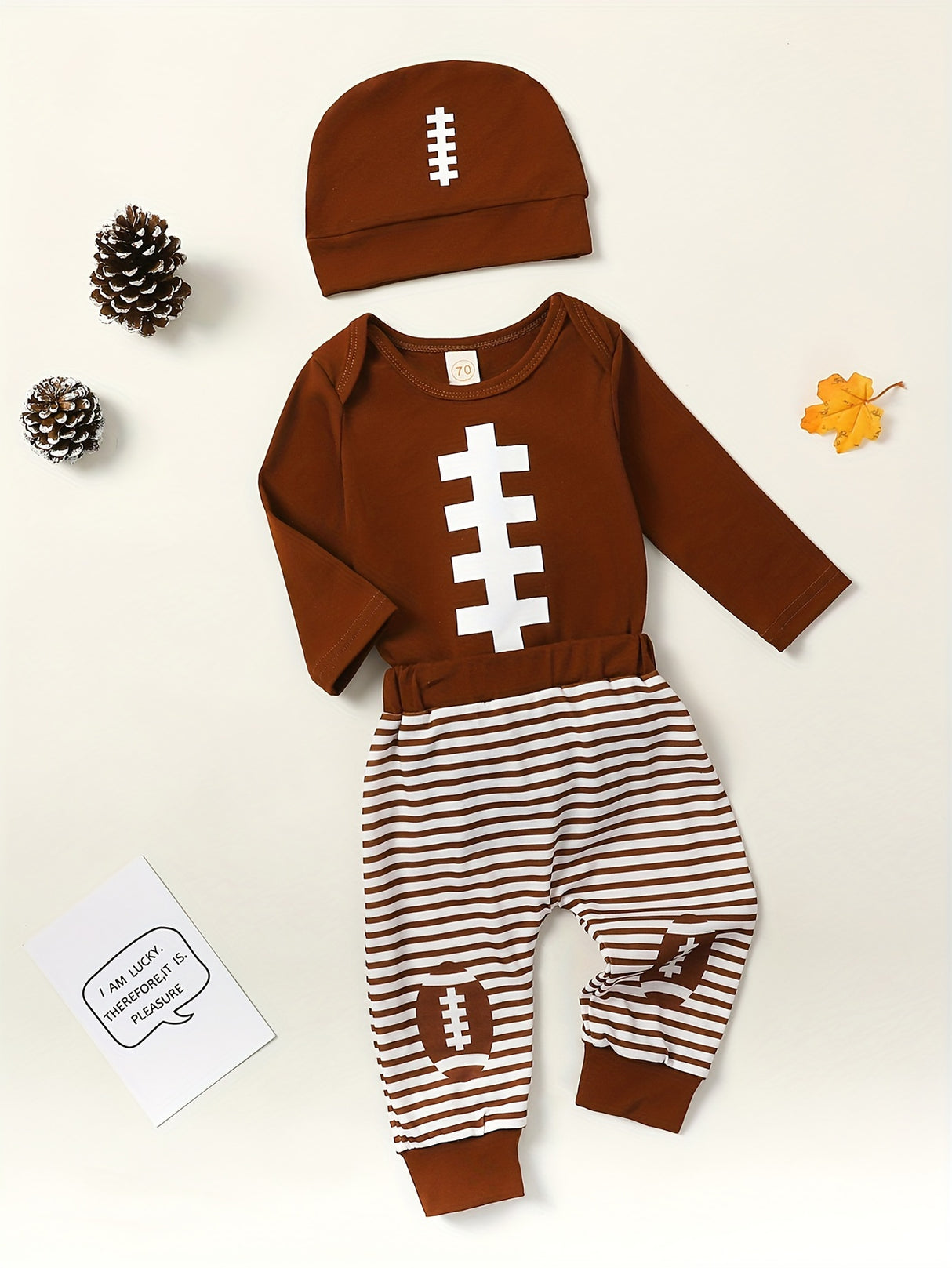 Baby Boy 3 Piece Outfit Football Print Long Sleeve Rompers and Elastic Striped Pants Beanie Hat Set Fall Spring Clothes
