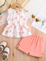 Girls Casual Trendy Cute Heart Graphic Sleeveless Peplum Top & Shorts Set For Summer Holiday Party Kids Clothes