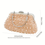 Luxurious Faux Pearl Evening Clutch Bag - 3D Flower Embellished, Top Ring Design, Wedding Bridal Prom Banquet Purse with Elegant Look and Compact Size