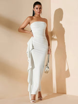 Elegant Off-Shoulder Ruched Ruffle Trim Split Thigh Bodycon Dress for Women - Solid White, Perfect for Parties & Banquets, Formal Evening Wear | Thigh Slit Dress | Knitted Construction