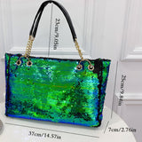 Large Capacity Sequin Glitter Tote Bag - Sparkly Bling Metal Chain Shoulder Bag with Fixed Straps, Polyester Lining, and Zipper Closure - Perfect Casual Commuter Bag for Carnaval and Everyday Use, Great Gift Idea