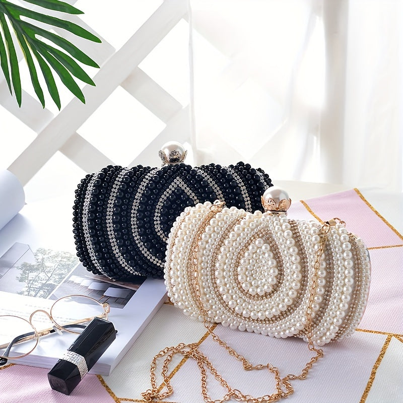 Elegant Striped Fabric Clutch Bag with Beaded Embellishment - Adjustable Strap, Lining, Buckle Closure - Perfect for Wedding Party, Prom, Formal Evening Events