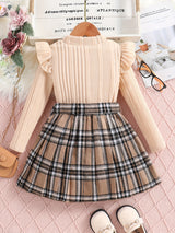 Girls 2pcs Ruffle Trim Long Sleeve Top + Plaid Skirt With Bow Belt Kids Clothes Spring Fall Gift