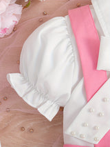 Buy 1 Get 1 Free, total of 2 pcs Girls Holiday Outfit Set - Adorable Beaded Bow Puff Sleeve T-shirt and Button Decor Suspender Skirt Combo - Perfect for Little Girls, Ideal Summer Gift and Holiday Wear, Girls Clothing Collect