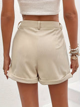 Chic Textured High Waist Shorts for Women - Button Front, Slant Pockets, Rolled Hem Design - Casual Everyday Wear