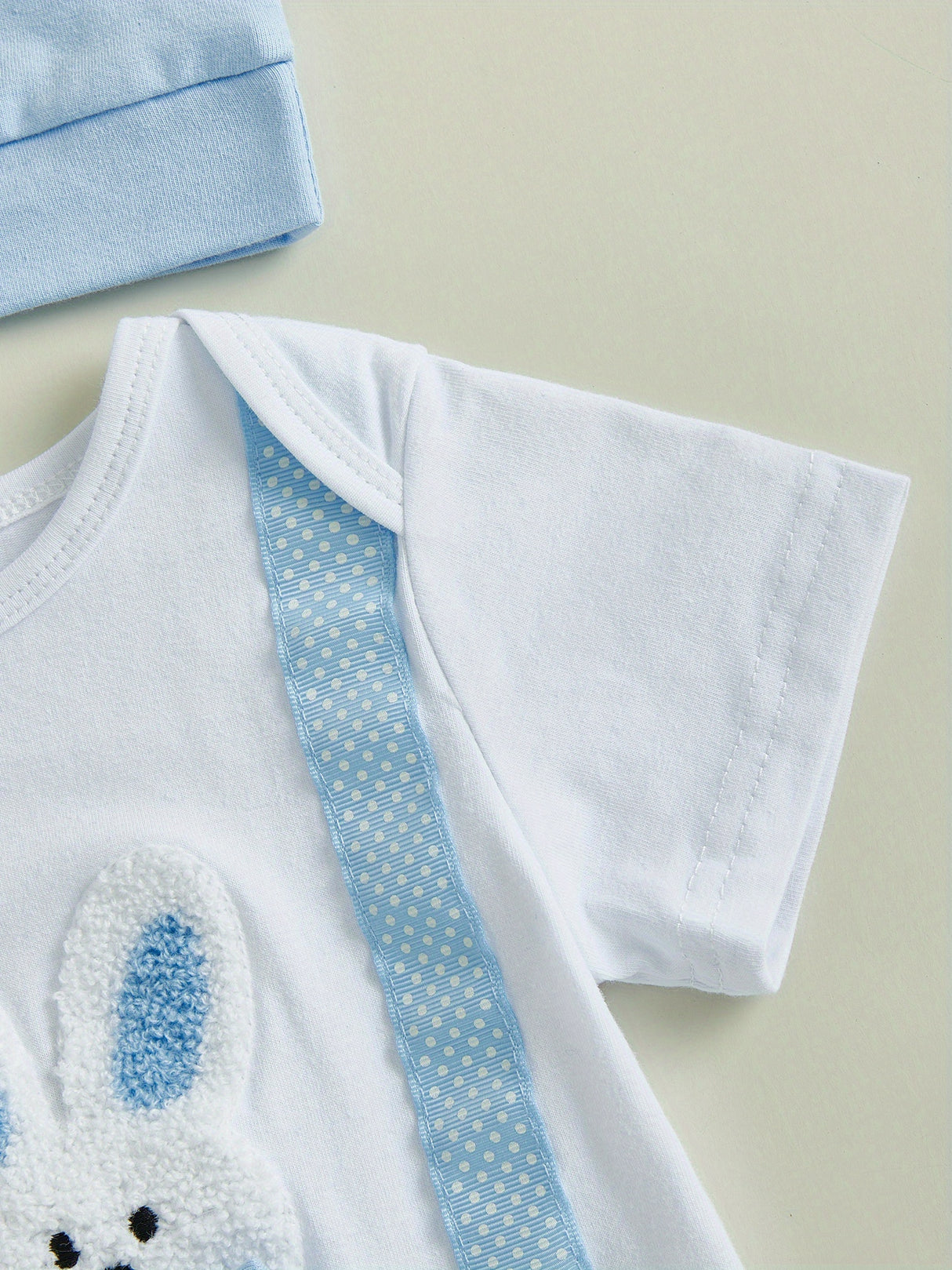 Baby Boy Easter Outfits Short Sleeve Bunny Embroidery Romper with Long Pants and Hat 3pcs Set, for Outdoor