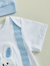 Baby Boy Easter Outfits Short Sleeve Bunny Embroidery Romper with Long Pants and Hat 3pcs Set, for Outdoor