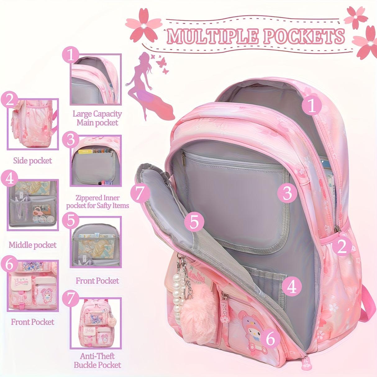 Girls' Hello Kitty Backpack/Duffel Bag - Pastel Pink School Bag with Zipper Closure, Large Capacity Travel luggage, Adjustable Shoulder Straps - Lightweight daypack for Girls, Birthday/Christmas/Holiday Gift for Anime Fans, O