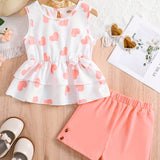 Girls Casual Trendy Cute Heart Graphic Sleeveless Peplum Top & Shorts Set For Summer Holiday Party Kids Clothes