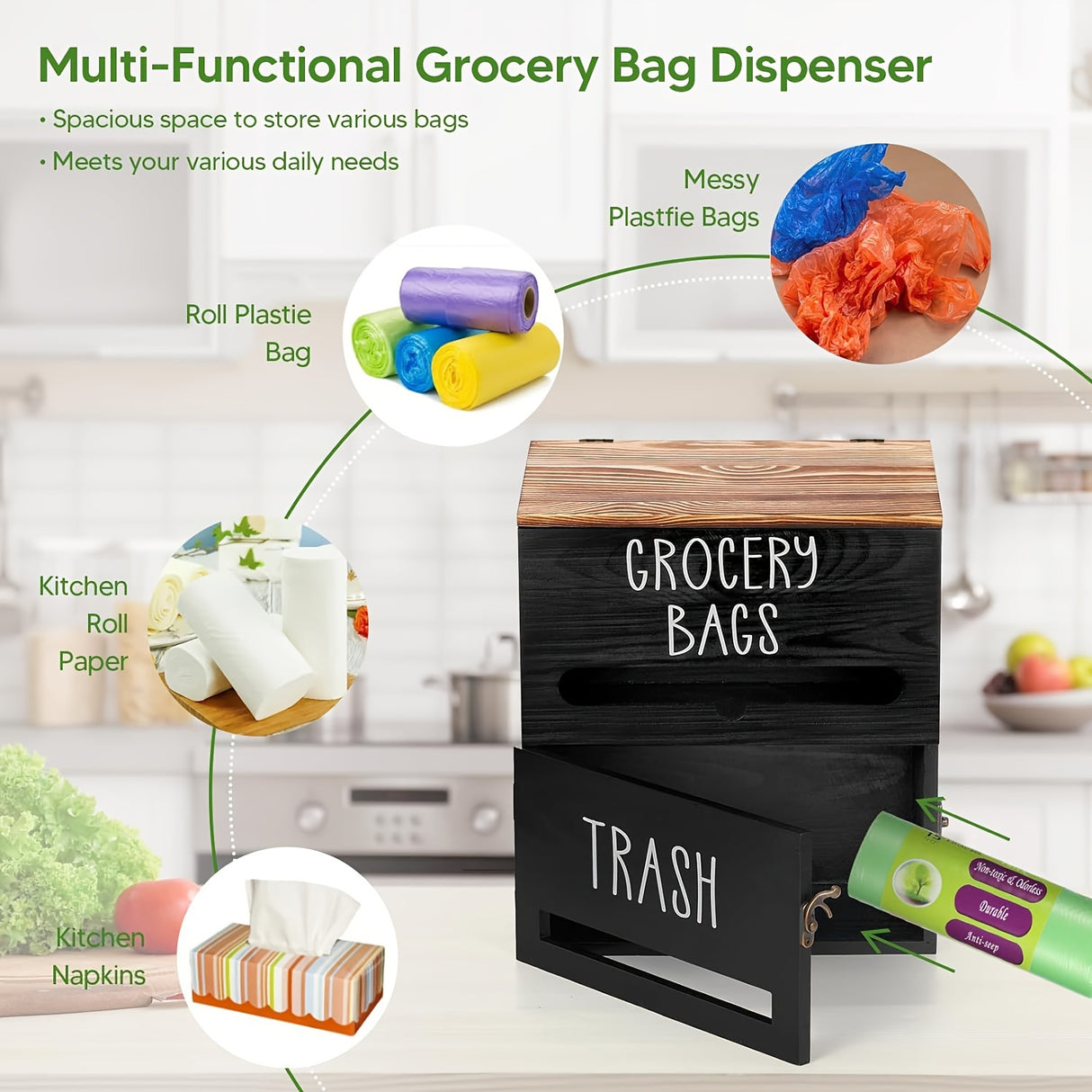 2-in-1 Wooden Wall-Mount Garbage Bag Dispenser & Organizer - Large Capacity, White/Black for Kitchen & Bathroom Essentials