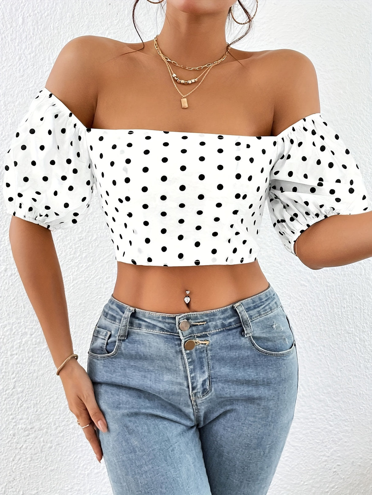 Vintage Chic Polka-Dot Print Tie-Back Crop Blouse - Women's Off Shoulder Crop Tops for Spring & Summer - Breathable, Lightweight, Comfortable, Relaxed Fit Clothing
