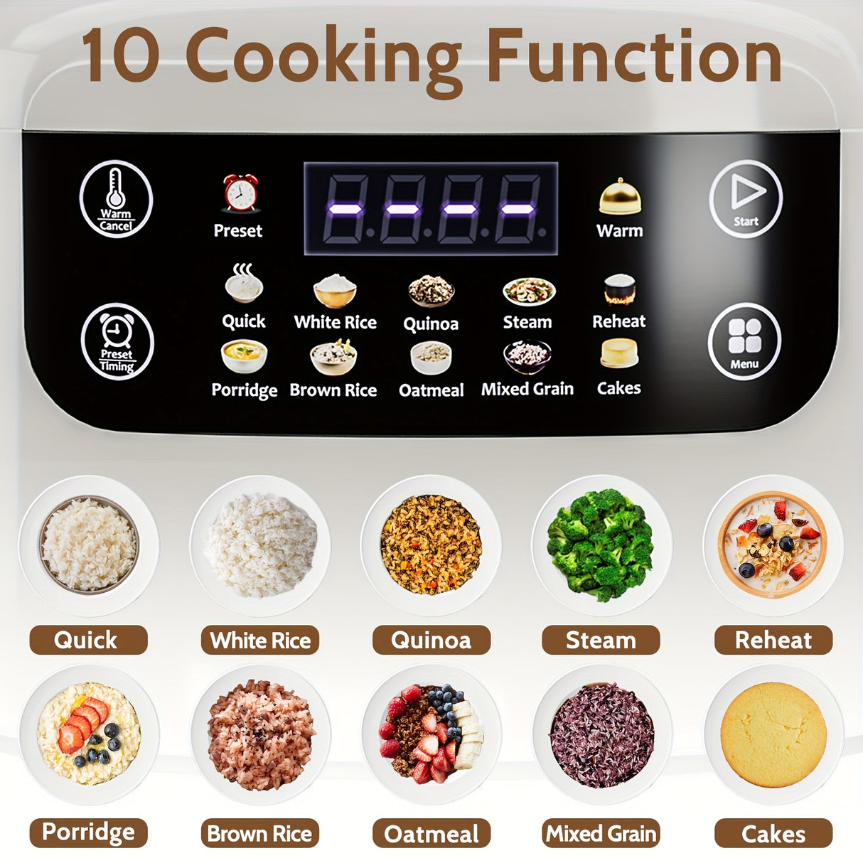 Bluebow 2L Mini Digital Rice Cooker - 10-in-1 Portable Multi-Function with Auto Presets, Non-Stick Inner Pot, Touch-Screen Controls, Delay & Keep Warm, White, Perfect for Home Kitchens, Sleek Modern Appliance | Durable Alumin