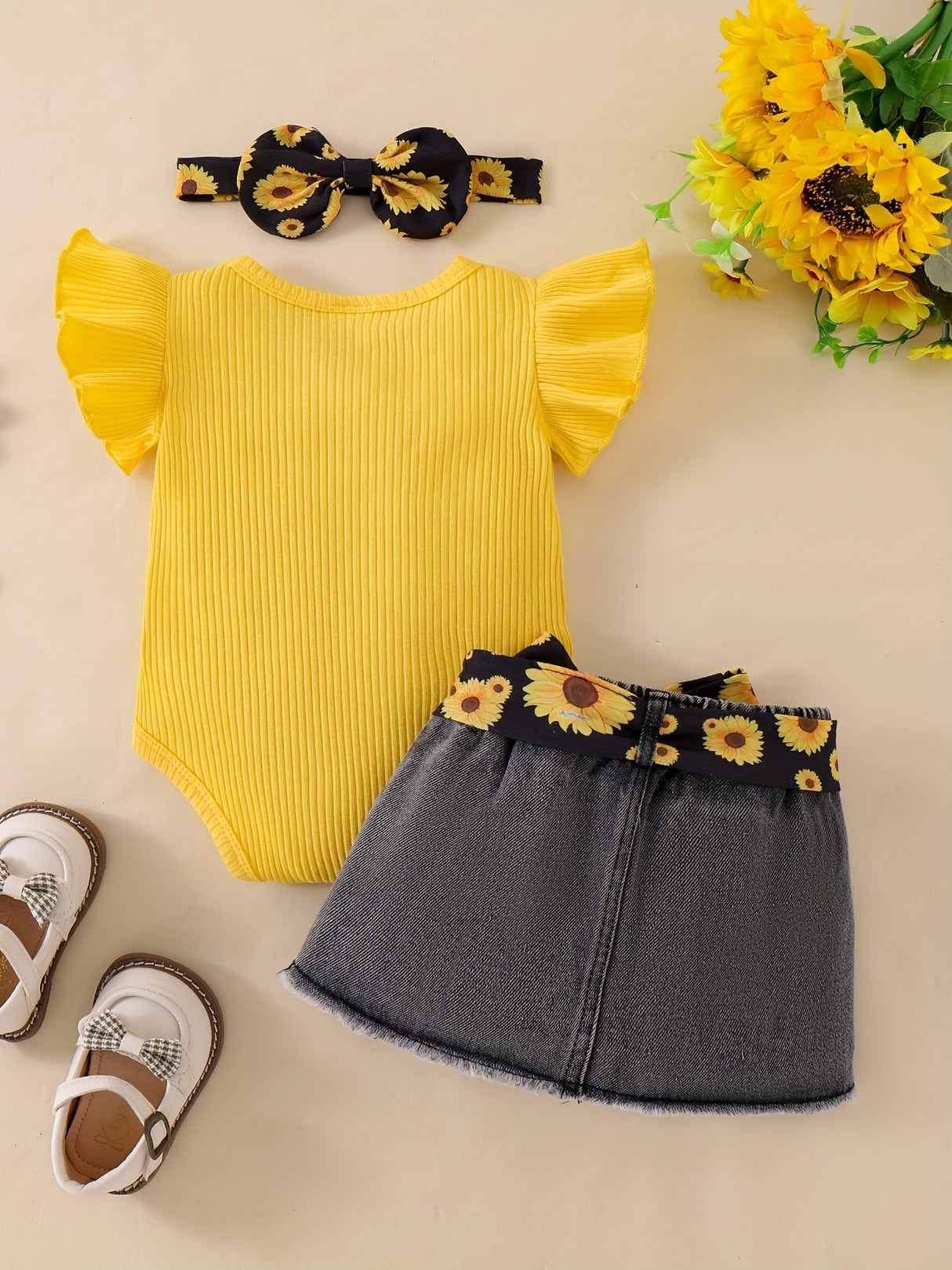 Baby Girl Clothes Newborn Jumpsuit Short Sleeved Denim Skirt with Front End and Baby Clothing Set, 0-18 Months, for Outdoor