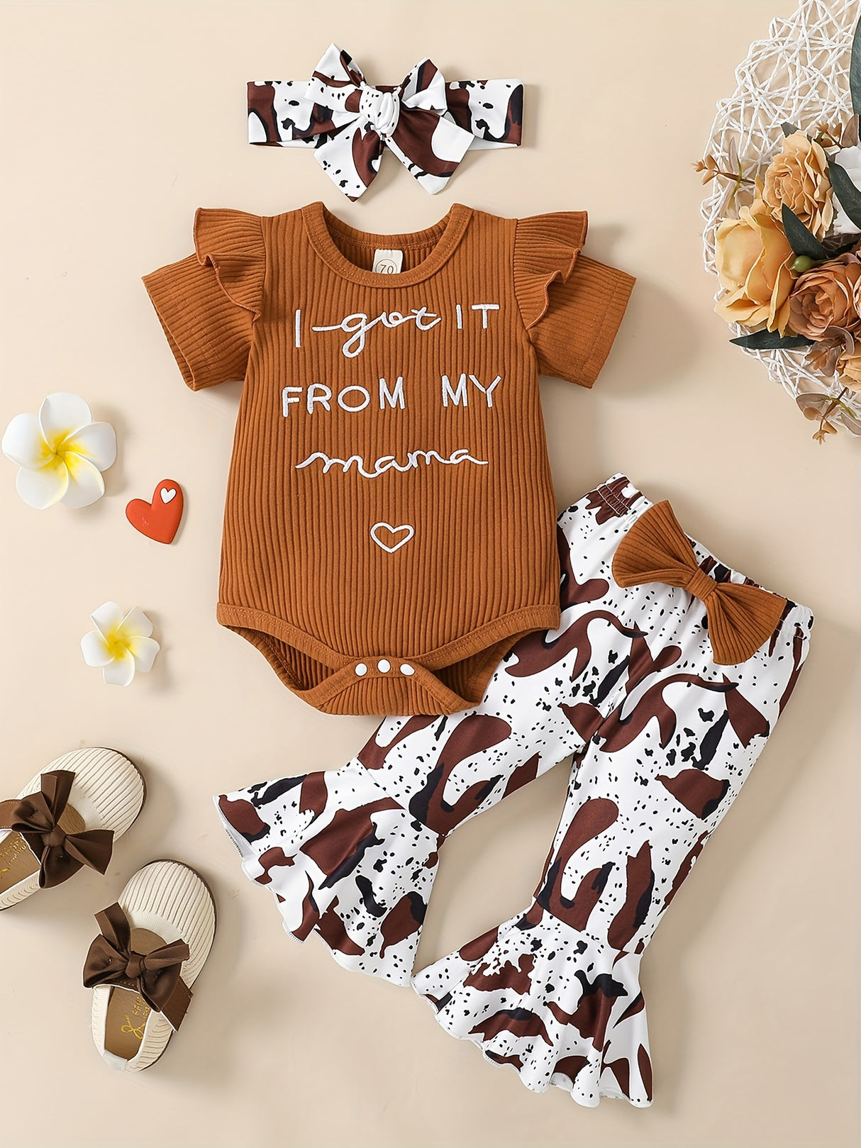 Toddler Baby Girl Outfit Ribbed I Got It From My Mama Ruffled Romper Flared Pants Newborn Baby Girl Clothes 0-12 Months