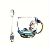 Elegant Ramadan Rose Enamel Glass Tea Cup with Spoon - BPA-Free, Crystal-Embellished Mug for Hot Drinks, Ideal Gift