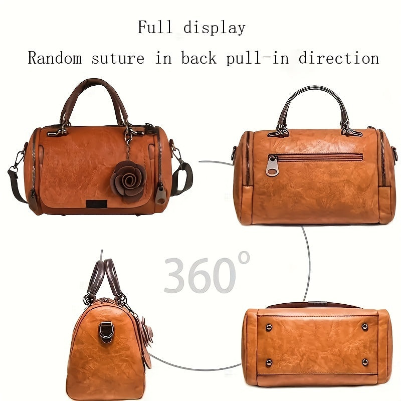 Women'S Boston Handbag with Flower Pendant, Solid Color Zippered Satchel, Polyester Lined, Painted Edges, Messenger Bag for Occasions