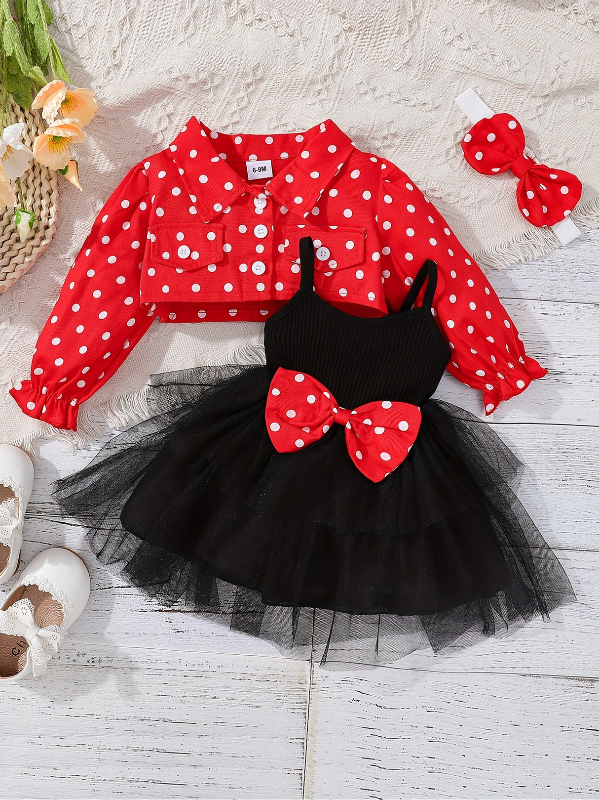 Baby Girl Outfit Red Head Knot+Red Dot Jacket+Black Suspender Mesh Skirt Three Pieces Set with 3 - 24 Months