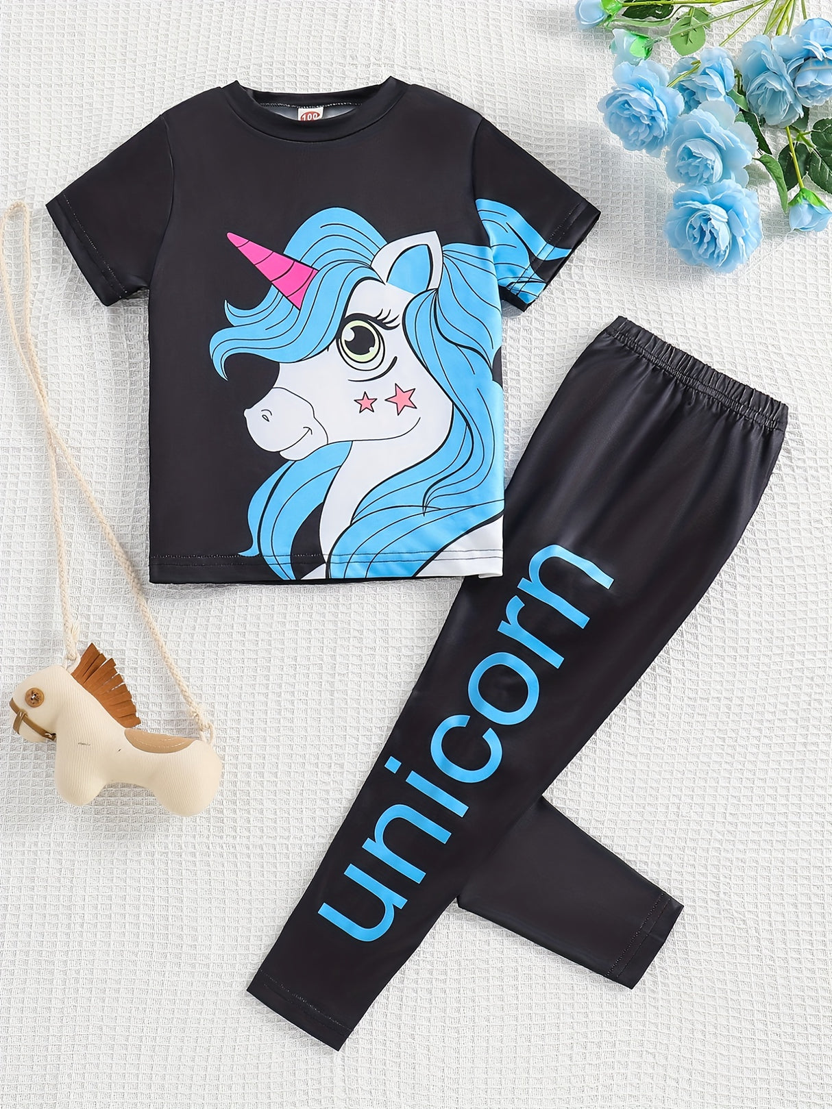 Girl's 2pcs T-shirt & Elastic Waist Pants Set, UNICORN Print Short Sleeve Tee Top, Casual Outfits, Kids Clothes For Summer
