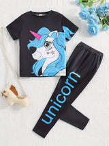 Girl's 2pcs T-shirt & Elastic Waist Pants Set, UNICORN Print Short Sleeve Tee Top, Casual Outfits, Kids Clothes For Summer