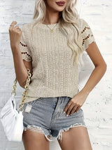 Spring/Fall Elegance: Embroidered Crew Neck Cap Sleeve Top for Women - Semi-Sheer, Easy Care, Durable Fabric
