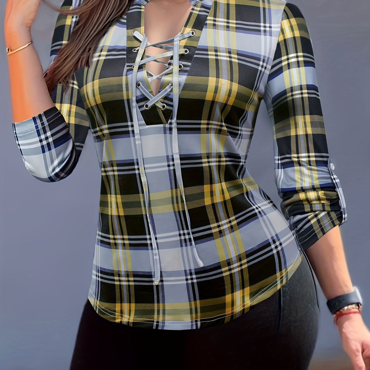 Casual Long Sleeve V Neck Plaid Print Drawstring Blouse - Women's Clothing